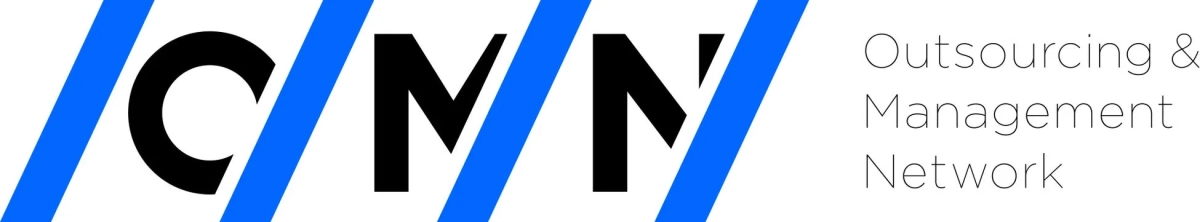 「CMN Outsourcing & Management Network」というテキストが特徴的なロゴデザインの画像です。大きな黒い文字の「CMN」と、その上に重ねられた青い斜線が印象的で、右側には事業内容を示す「Outsourcing & Management Network」が記載されています。