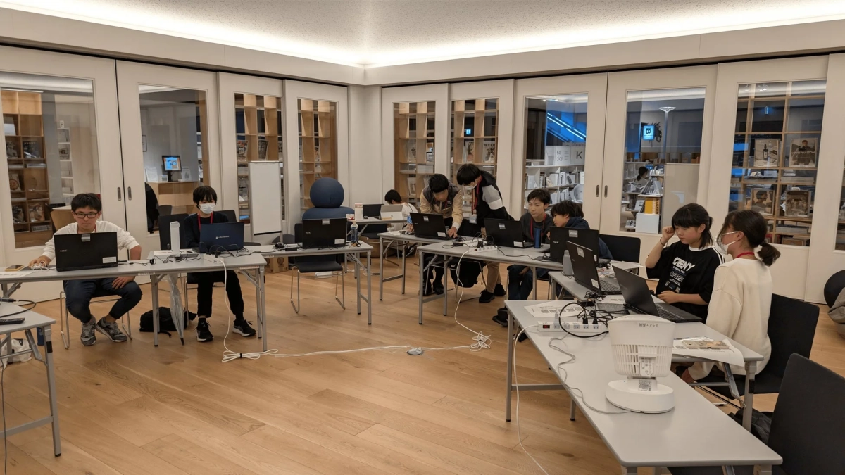 複数の子供たちがノートパソコンを使って集中して作業している様子