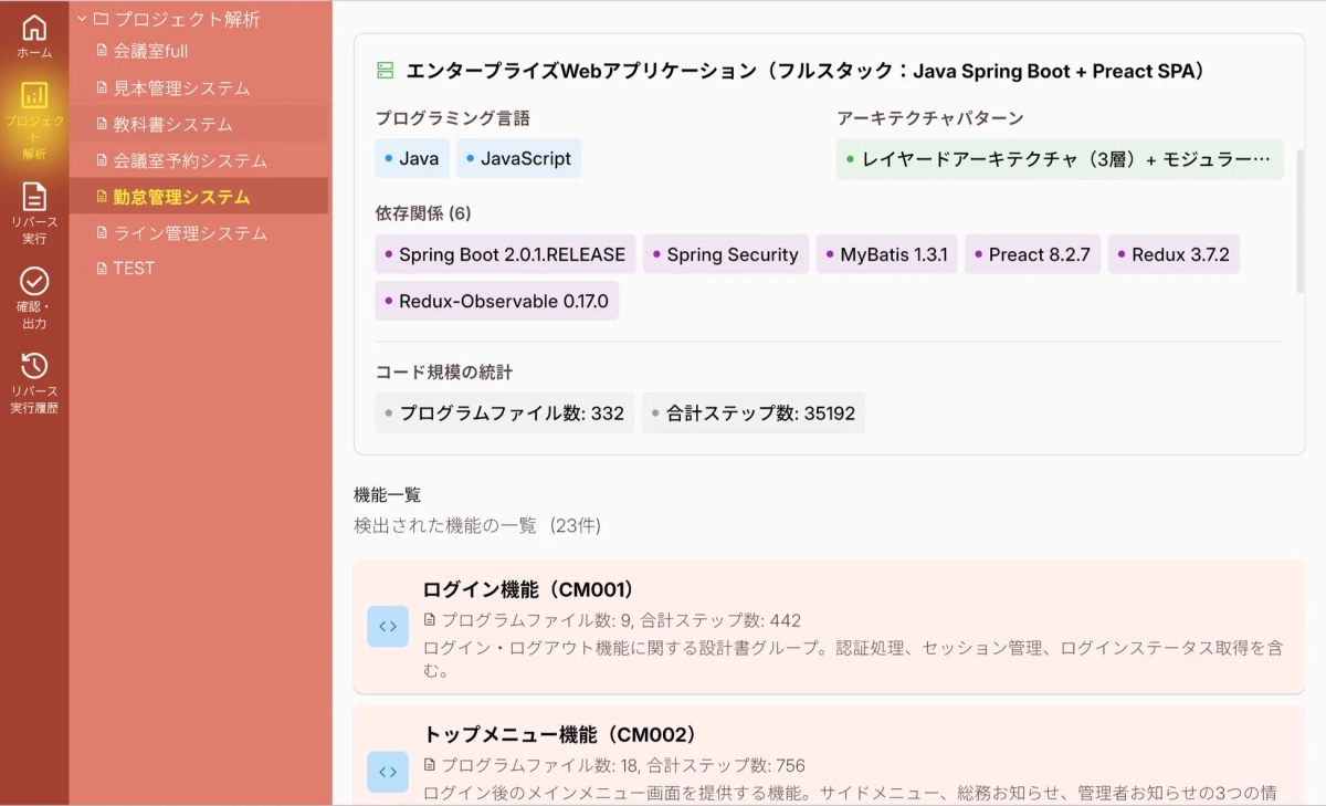 Webアプリケーションのプロジェクト解析画面