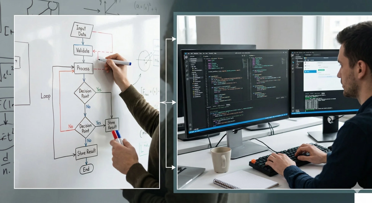 フローチャート、プログラミング、コーディング、システム開発、データ処理、アルゴリズム、ホワイトボード、開発者、エンジニア、デュアルモニター、オフィス、テクノロジー、ロジック