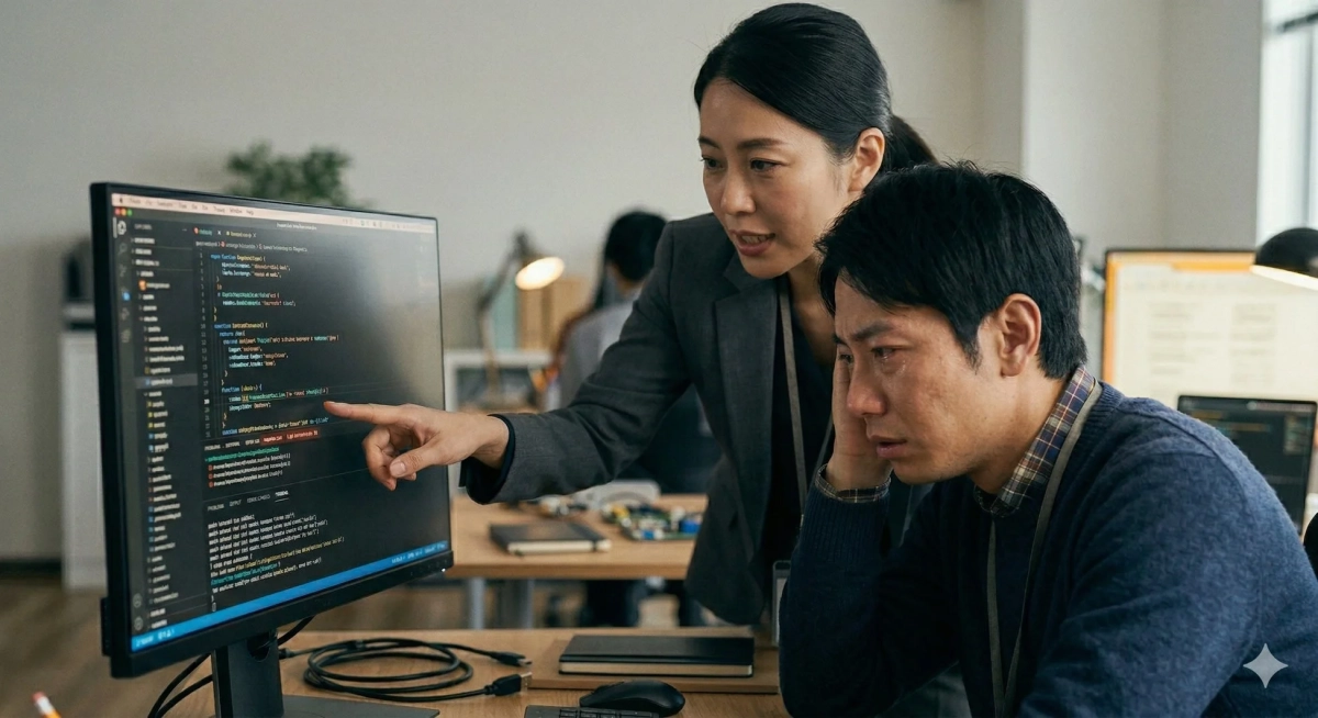 プログラミング、コーディング、IT、開発、エンジニア、デバッグ、指導、困惑、仕事、オフィス、パソコン、モニター、コード、チームワーク、問題解決