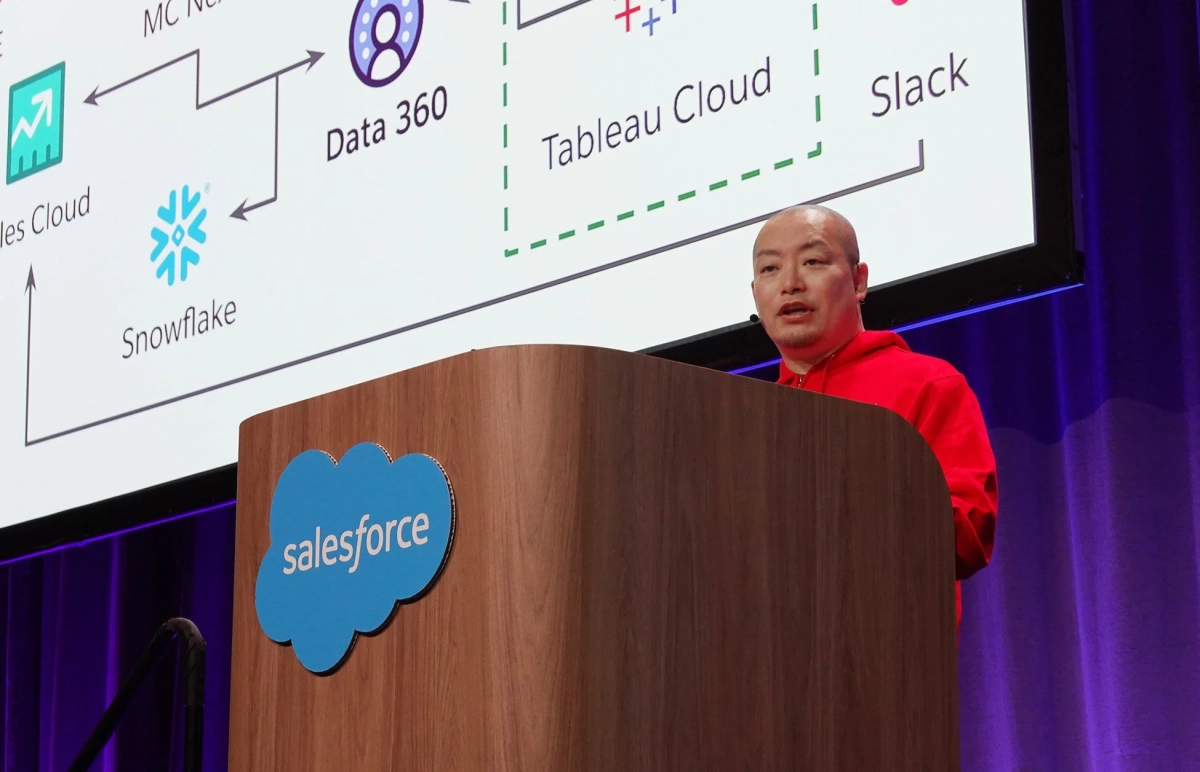 Salesforce、Snowflake、Tableau Cloud、Slackなどのクラウドサービス名とデータ連携の図が表示されたスクリーンを背景にプレゼンテーションを行う平塚武氏