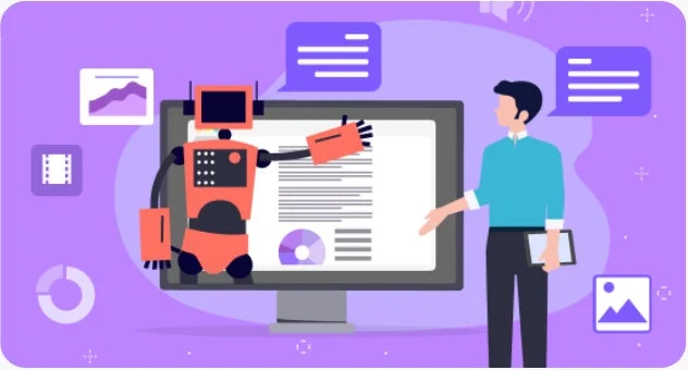 AIロボットと人間がモニターに表示されたデータやコンテンツについて共同で作業している様子
