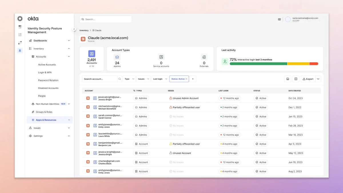 Okta Identity Security Posture Management ダッシュボード