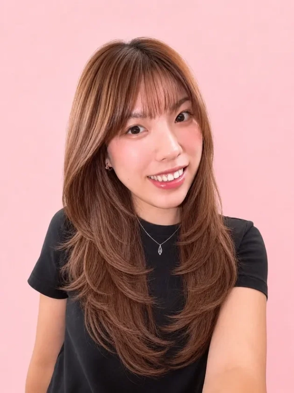 ピンクの背景をバックに、レイヤーカットのロングブラウンヘアと前髪が特徴のアジア人女性が笑顔で写っています。黒いTシャツとシンプルなネックレスを着用しています。