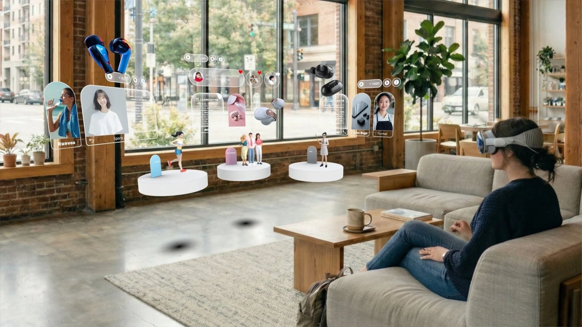 モダンな室内でVR/ARヘッドセットを装着した女性が、仮想の商品ディスプレイを操作