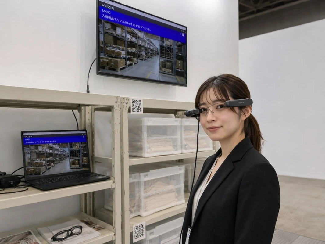 スマートグラスを装着した女性が倉庫で作業する様子