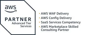 AWS Advanced Tier Servicesパートナーのロゴと、AWS WAF Delivery、AWS Config Delivery、SaaS Services Competency、AWS Marketplace Skilled Consulting Partnerといった具体的なAWSサービスと認定を示すリストが掲載されています。