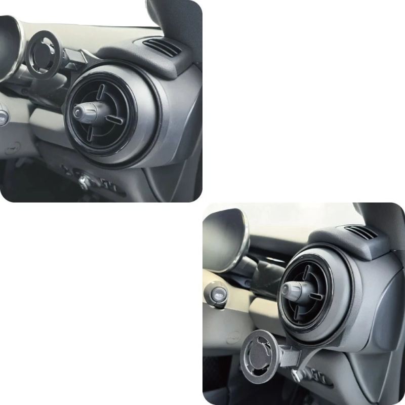 車のダッシュボードにあるエアコン吹き出し口に、スマートフォンホルダーが取り付けられている様子を捉えた画像です。
