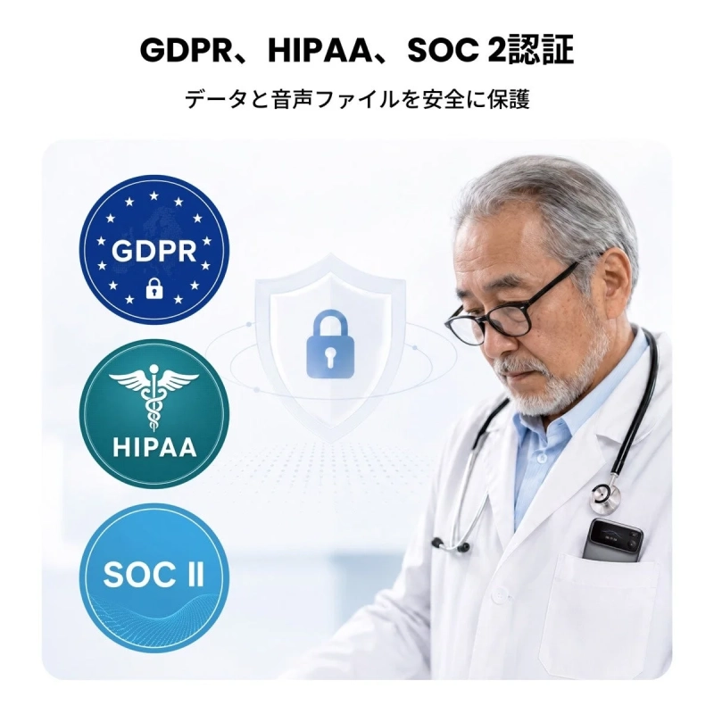 GDPR、HIPAA、SOC 2認証 データと音声ファイルを安全に保護 GDPR HIPAA SOC II