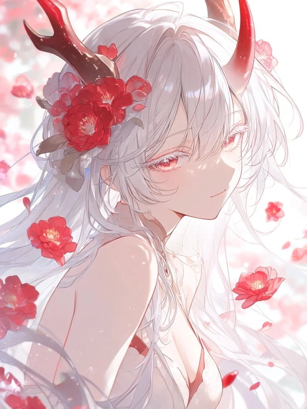 白い長髪と赤い角を持つアニメ風の美少女が赤い花に囲まれて優しく微笑むイラスト