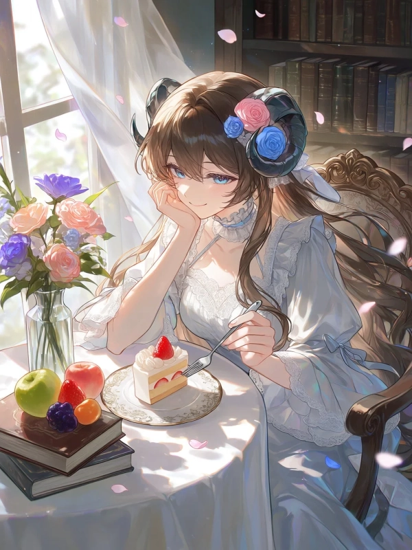 窓際で白いドレスを着た角のある少女がイチゴのショートケーキを前に微笑むイラスト